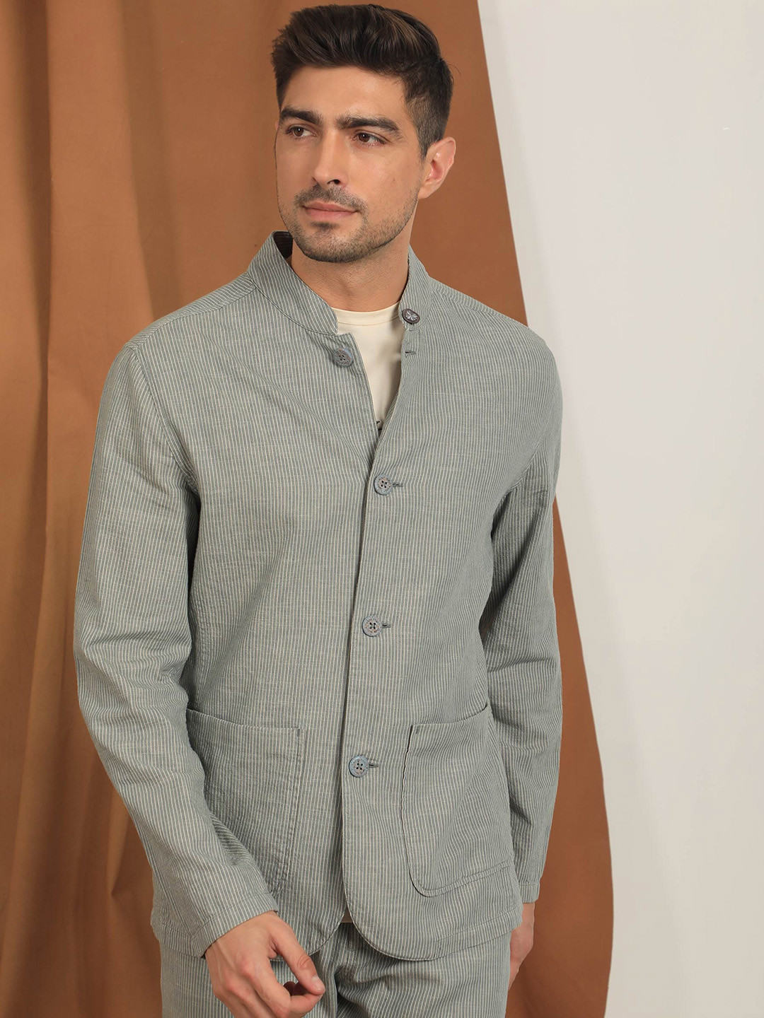 RARE RABBIT Men Trex Tailored Fit Mandarin Collar Cotton Jacket