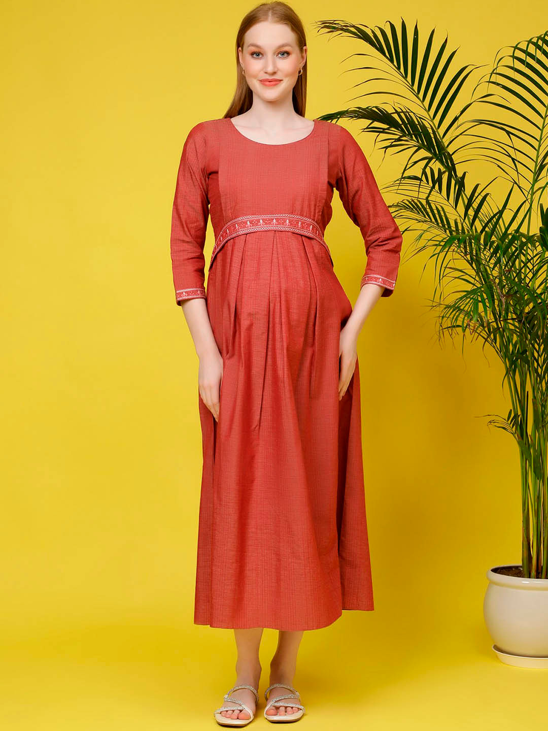 DUMMY SHAPE Self Designed Embroidered Fit & Flare Midi Pure Cotton Maternity Feeding Dress