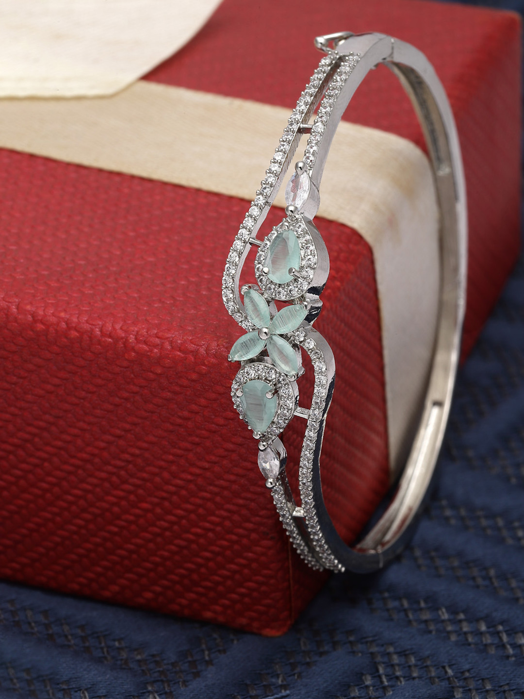 ZENEME Rhodium-Plated Silver Toned stone Sea Green American Diamond Cuff Bracelet