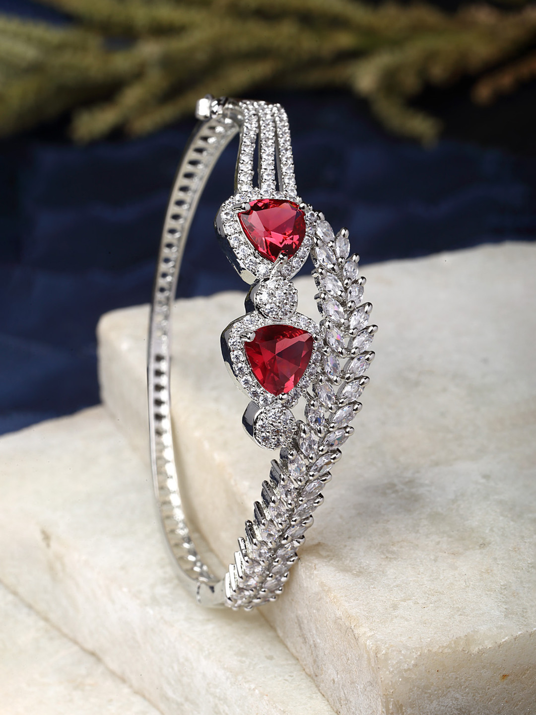 ZENEME Rhodium-Plated Silver Toned Red American Diamond Cuff Bracelet
