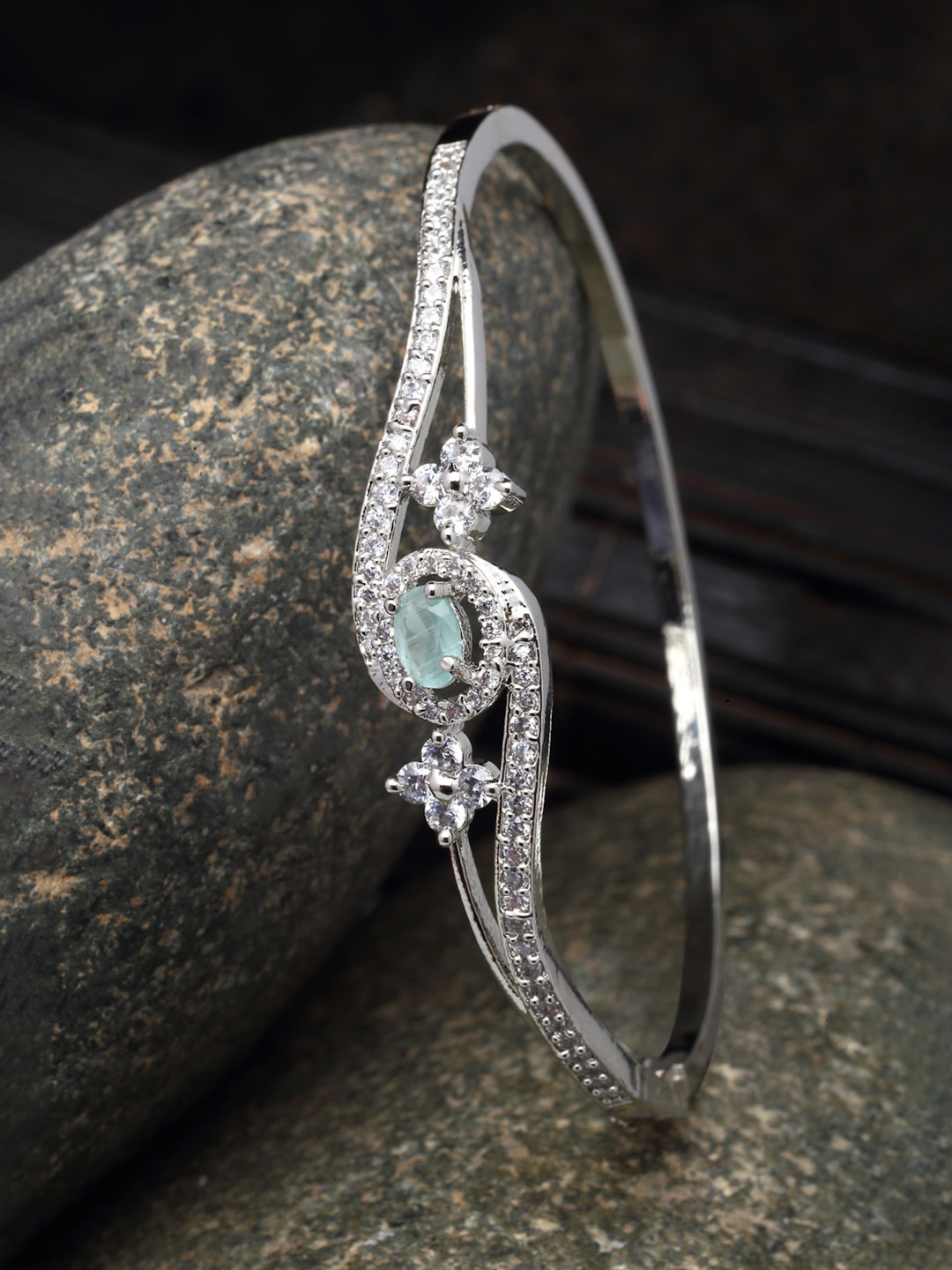ZENEME Rhodium-Plated Silver Toned stone Sea Green American Diamond Cuff Bracelet
