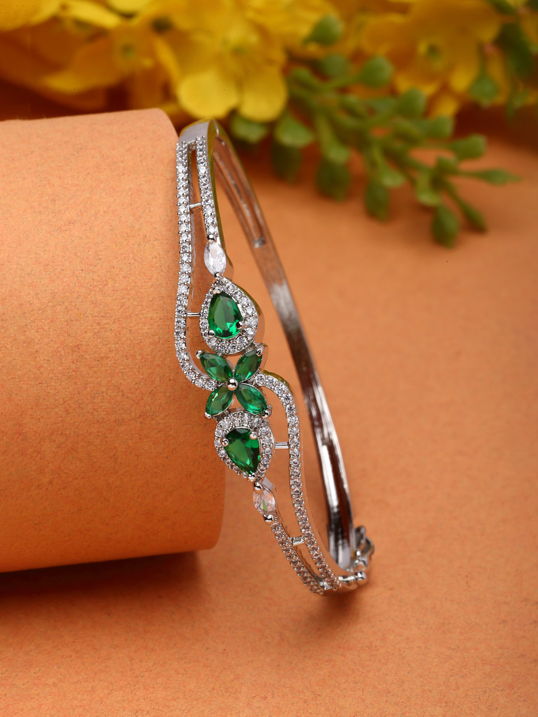 ZENEME Rhodium-Plated Silver Toned Green American Diamond Cuff Bracelet