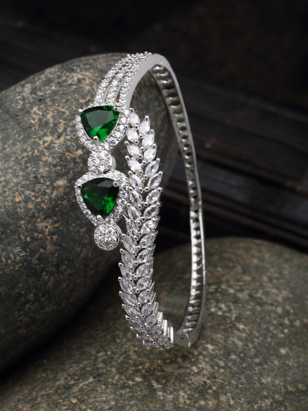 ZENEME Rhodium-Plated Silver Toned Emerald Green American Diamond Cuff Bracelet