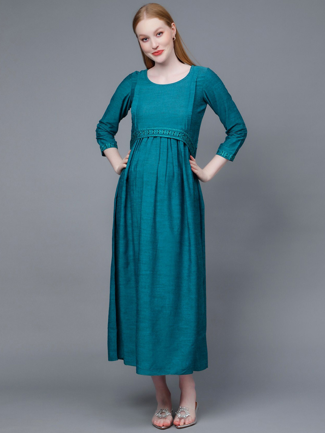 DUMMY SHAPE Self Designed Embroidered Fit & Flare Midi Pure Cotton Maternity Feeding Dress