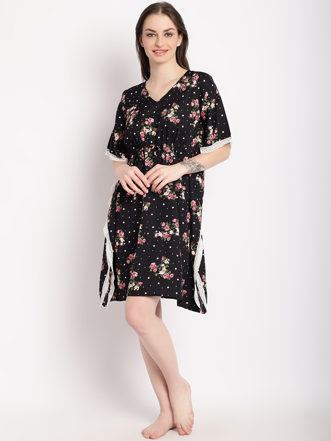 Aoba Floral Printed V-Neck Kaftan Nightdress