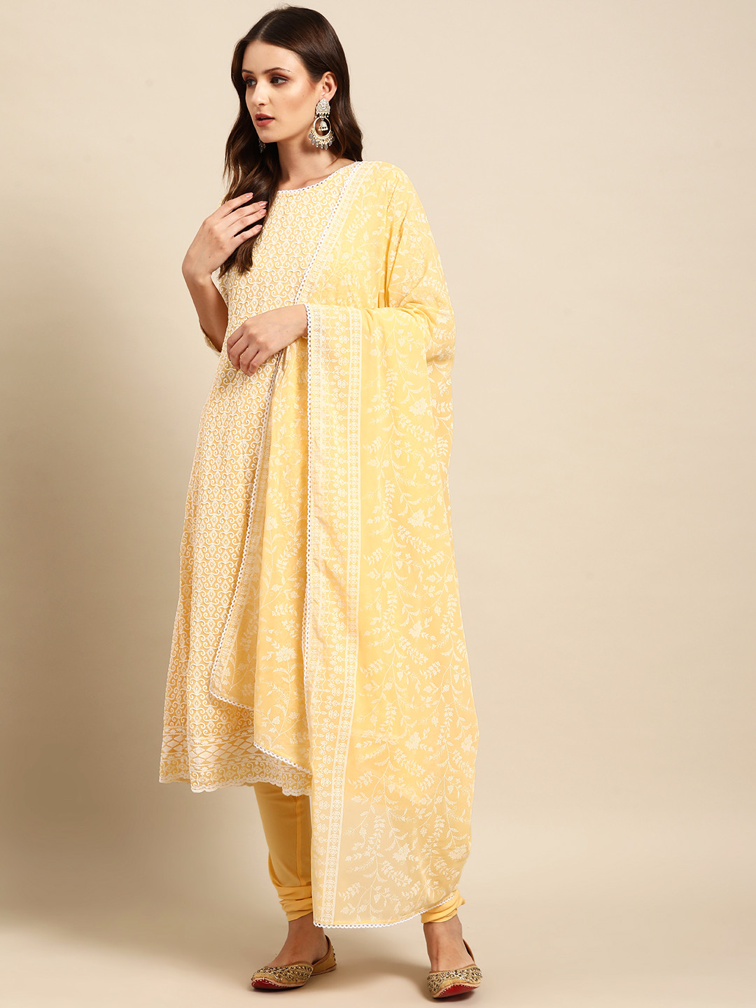 Anouk Women Ethnic Motifs Embroidered Empire Chikankari Kurta with Churidar & With Dupatta