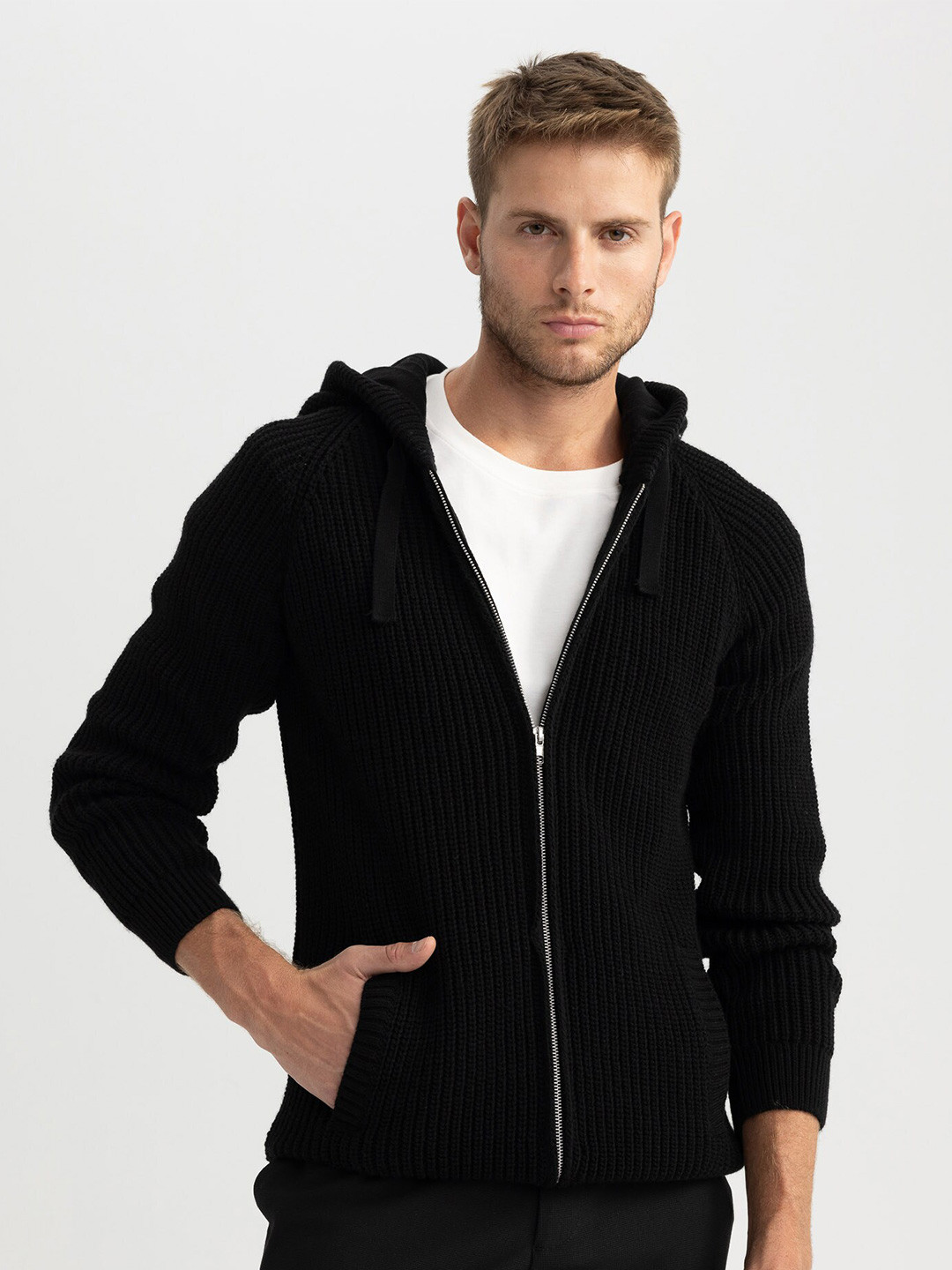 DeFacto Ribbed Hooded Arcylic Cardigan