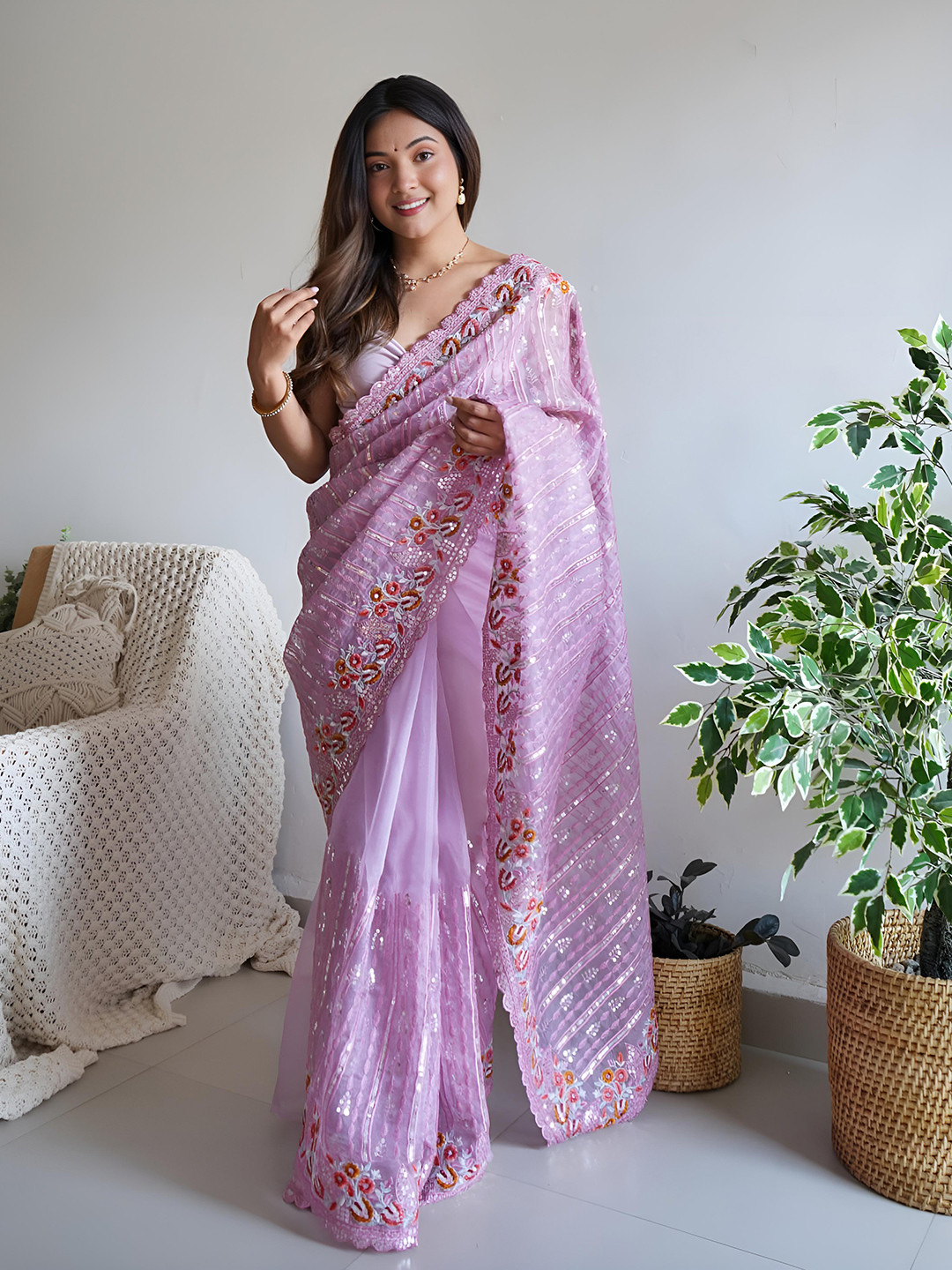 Anouk Lavender Embellished Sequinned Organza Saree