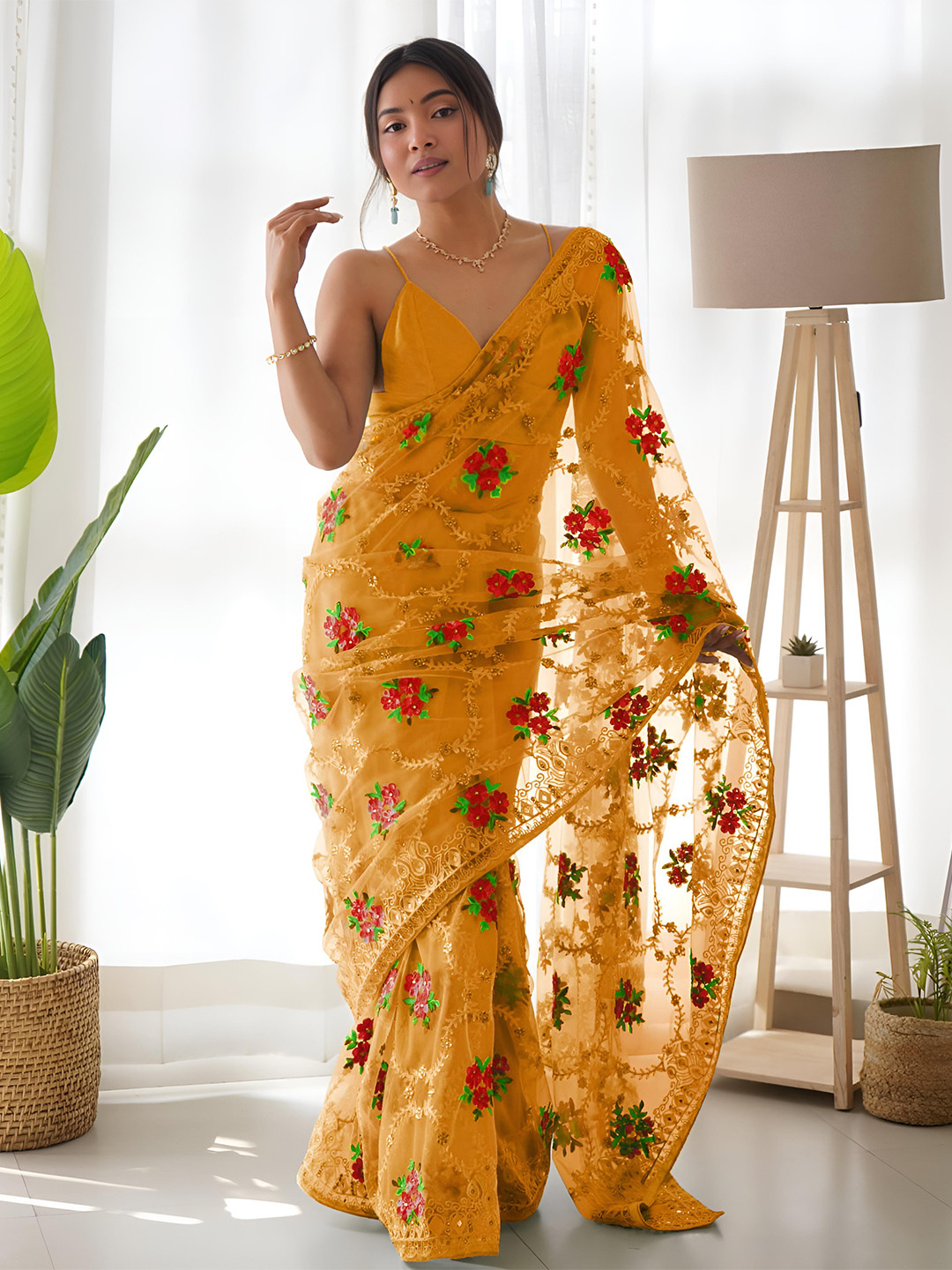 Anouk Mustard Yellow & Green Floral Embroidered Net Saree