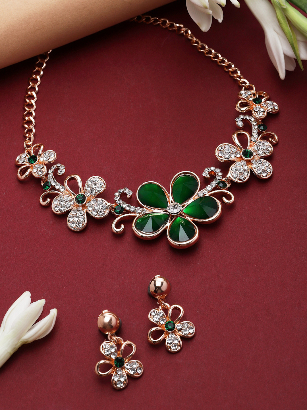 ZENEME Rose Gold Plated American Diamonds Studded Floral Necklace & Earrings
