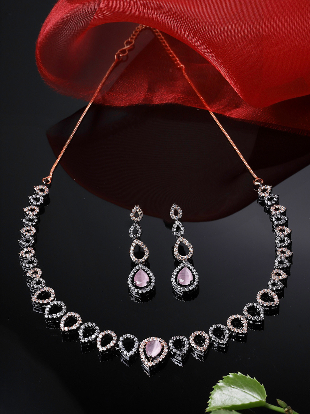 ZENEME Rose Gold-Plated Gunmetal Toned American Diamonds-Studded Necklace & Earrings