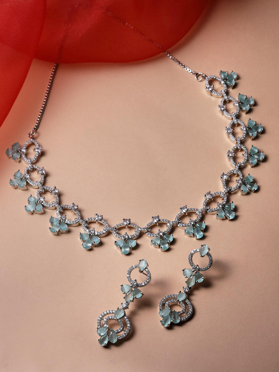 ZENEME Rhodium-Plated Oval American Diamond-Studded Circular Shaped Necklace & Earrings