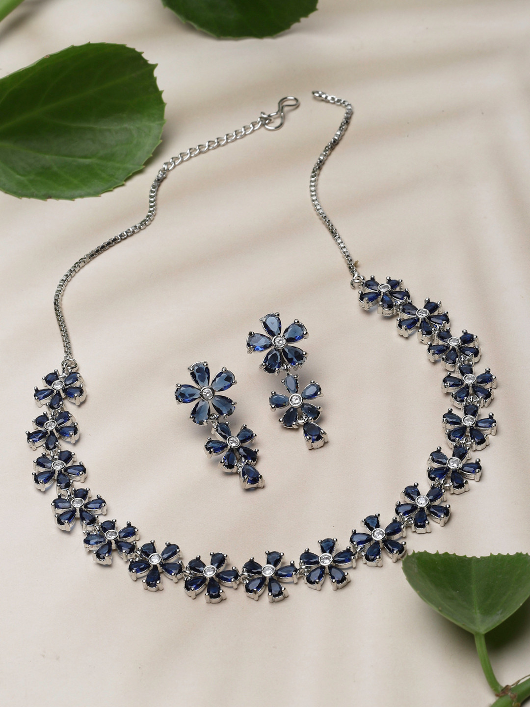 ZENEME Rhodium-Plated American Diamond-Studded Floral Necklace & Earrings