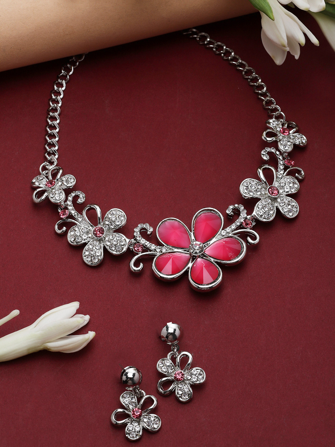 ZENEME Rhodium-Plated American Diamond Necklace and Earrings