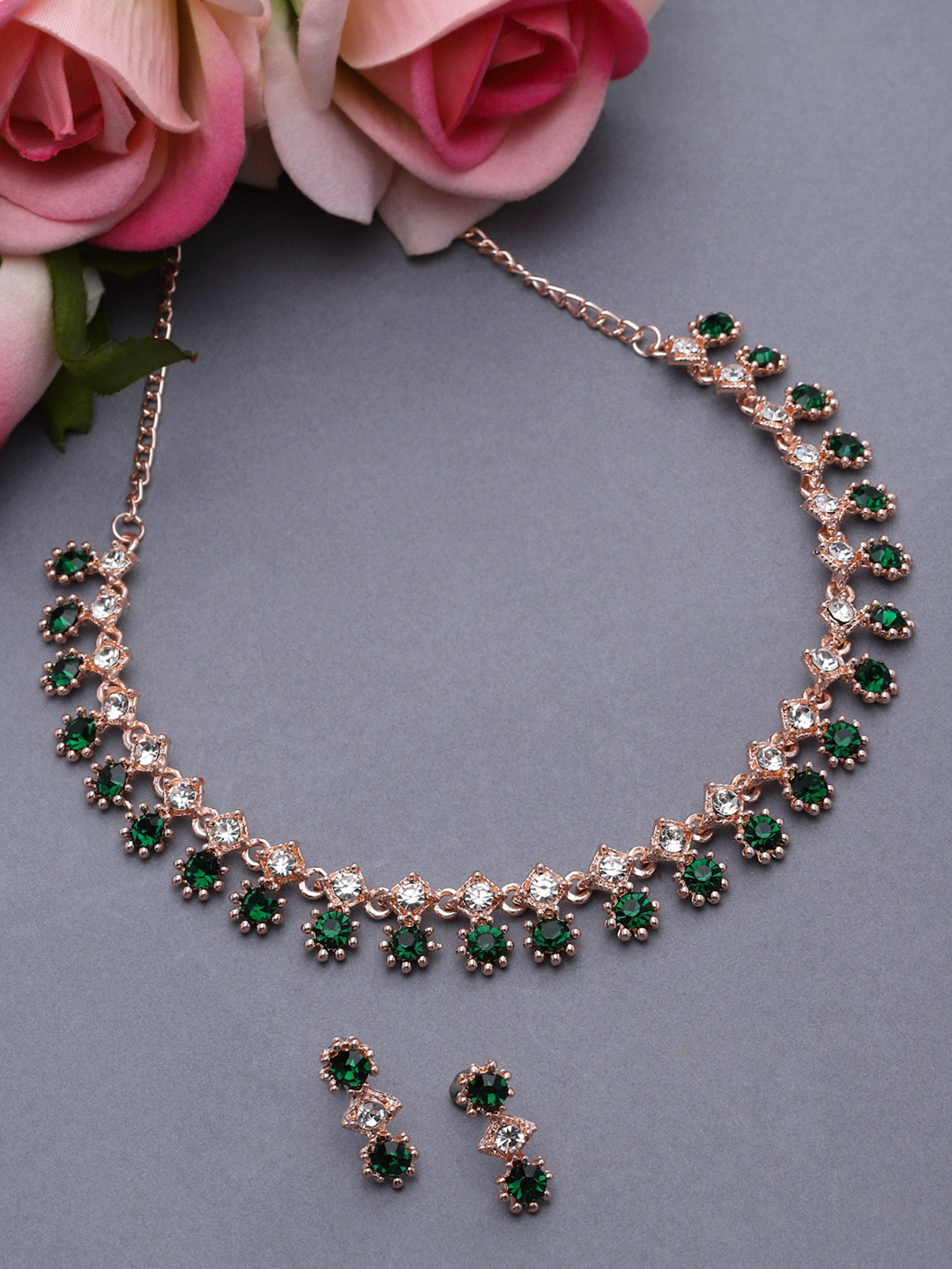ZENEME Rose Gold-Plated Cubic Zirconia Necklace and Earrings