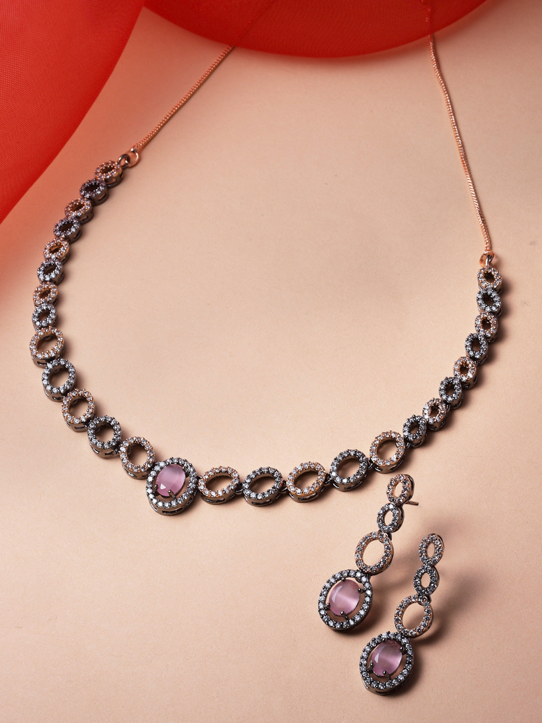 ZENEME Rose Gold-Plated Gunmetal American Diamond Studded Necklace And Earrings