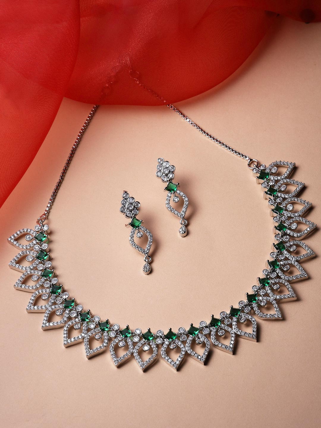 ZENEME Rhodium-Plated American Diamond Studded Floral And Leaf Shaped Jewellery Set