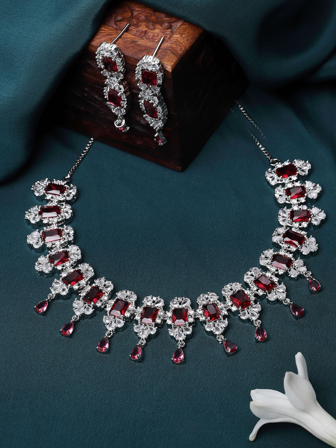 ZENEME Rhodium-Plated Silver Toned Red American Diamond-Studded Jewellery Set