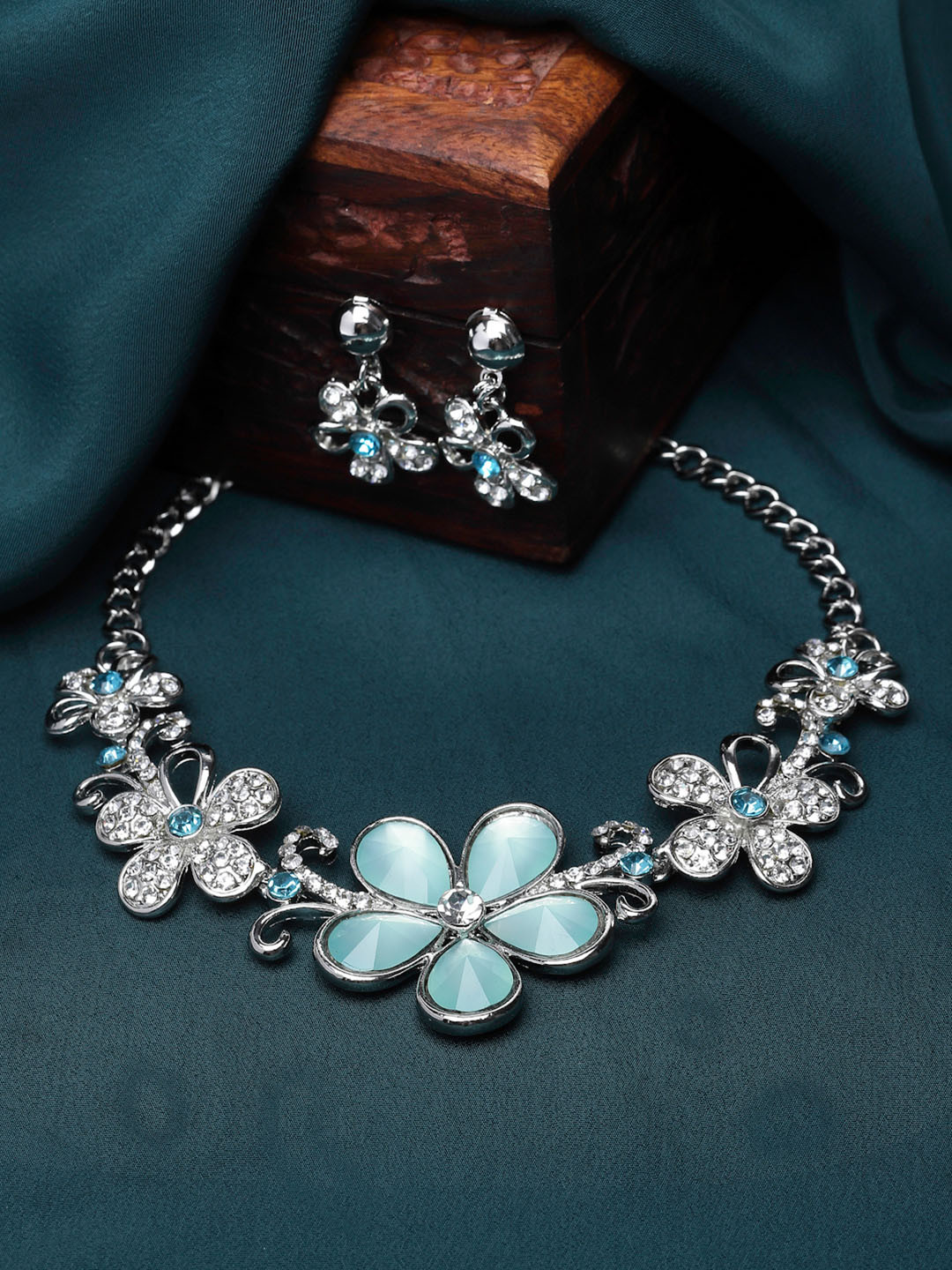 ZENEME Rhodium-Plated American Diamond Studded Floweret Jewellery Set