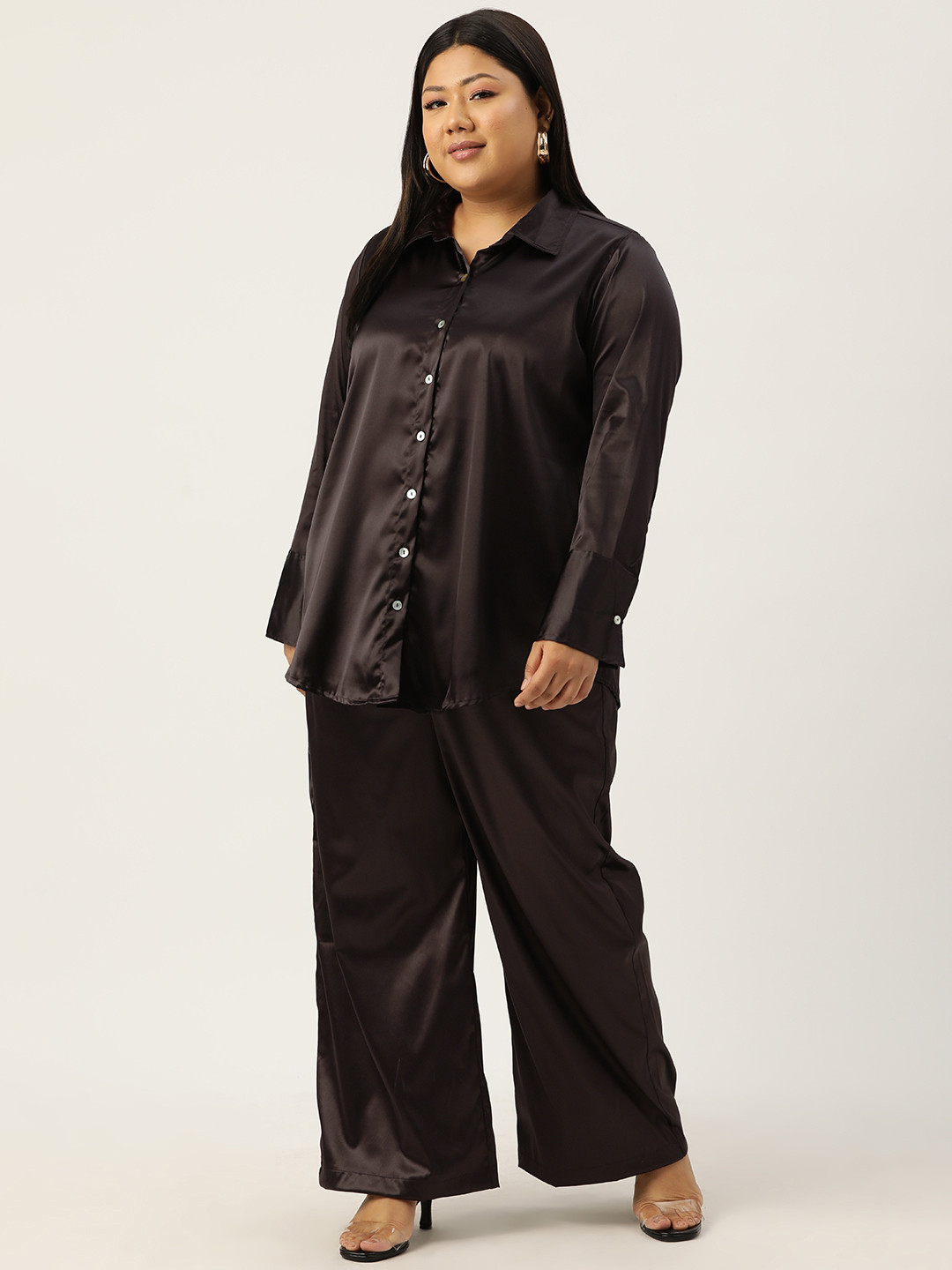 theRebelinme Plus Size Satin Shirt with Palazzos