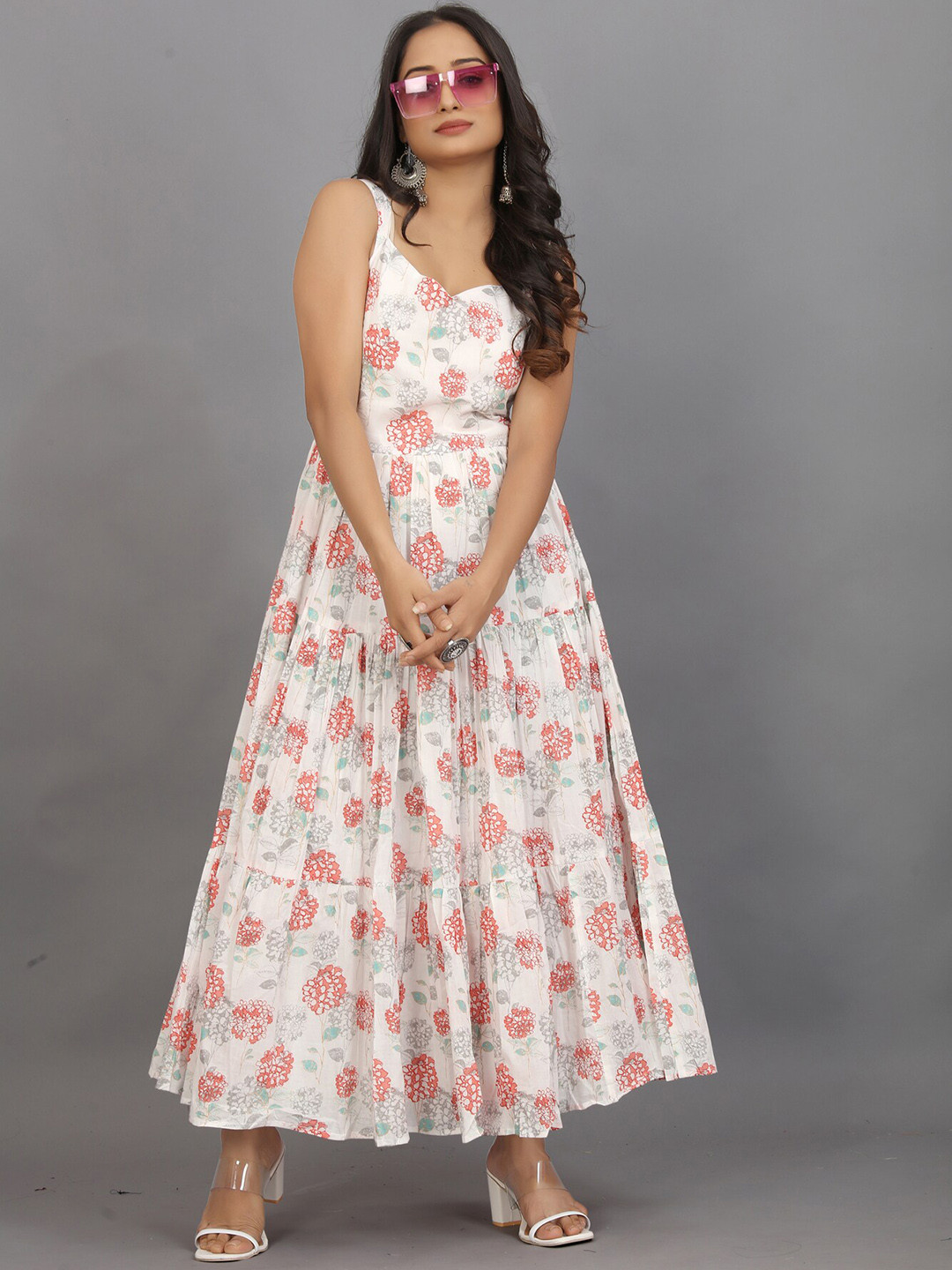 Pari THE FASHION STUDIO Floral Printed Cotton Tiered Ethnic Gown