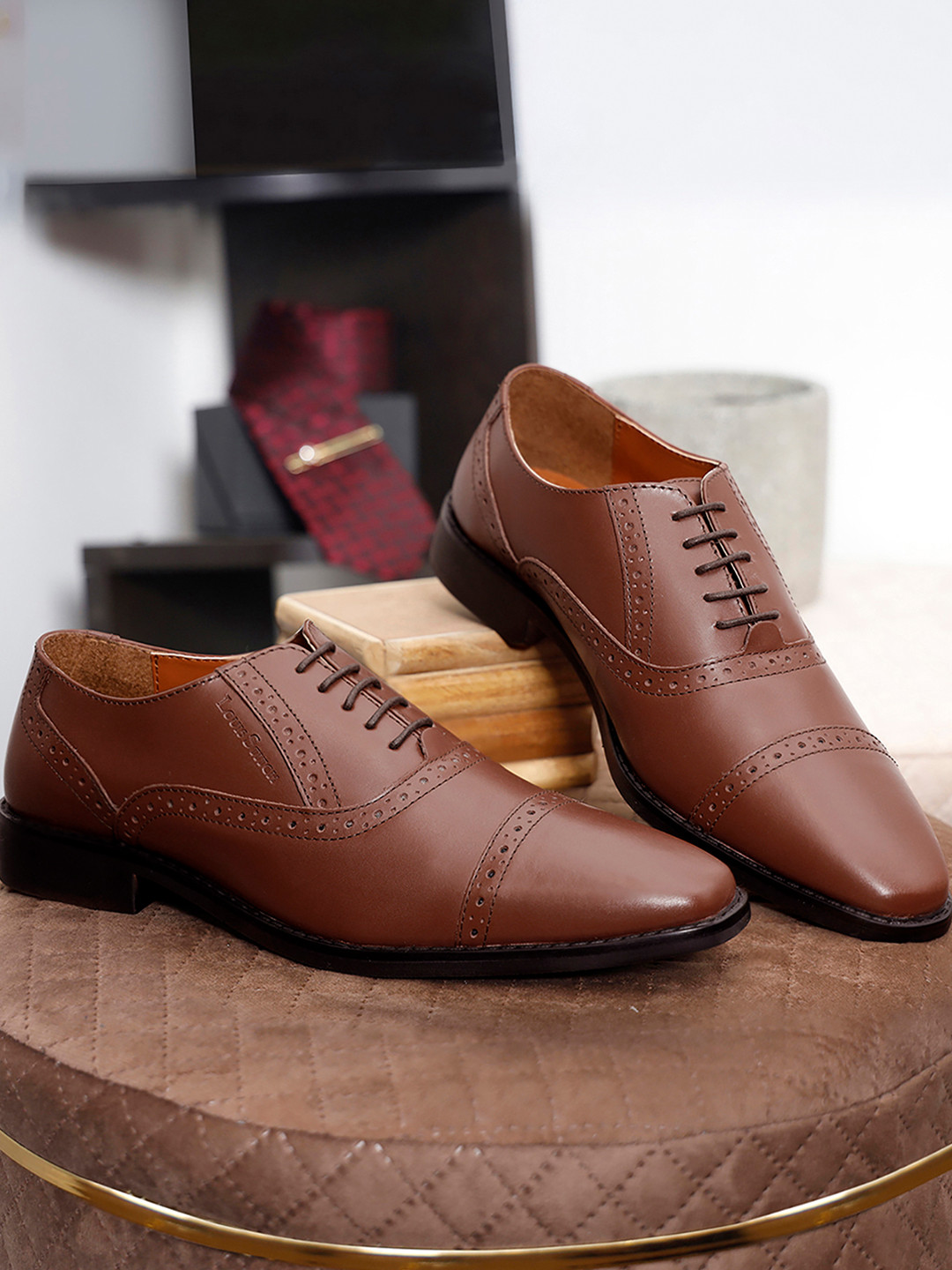 LOUIS STITCH Men Tan Premium Italian Leather Formal Oxford Shoes