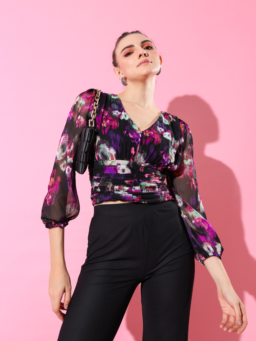 Stylecast X Hersheinbox Print Puff Sleeve Chiffon Fitted Top - Tops for Women 24816412 | Myntra