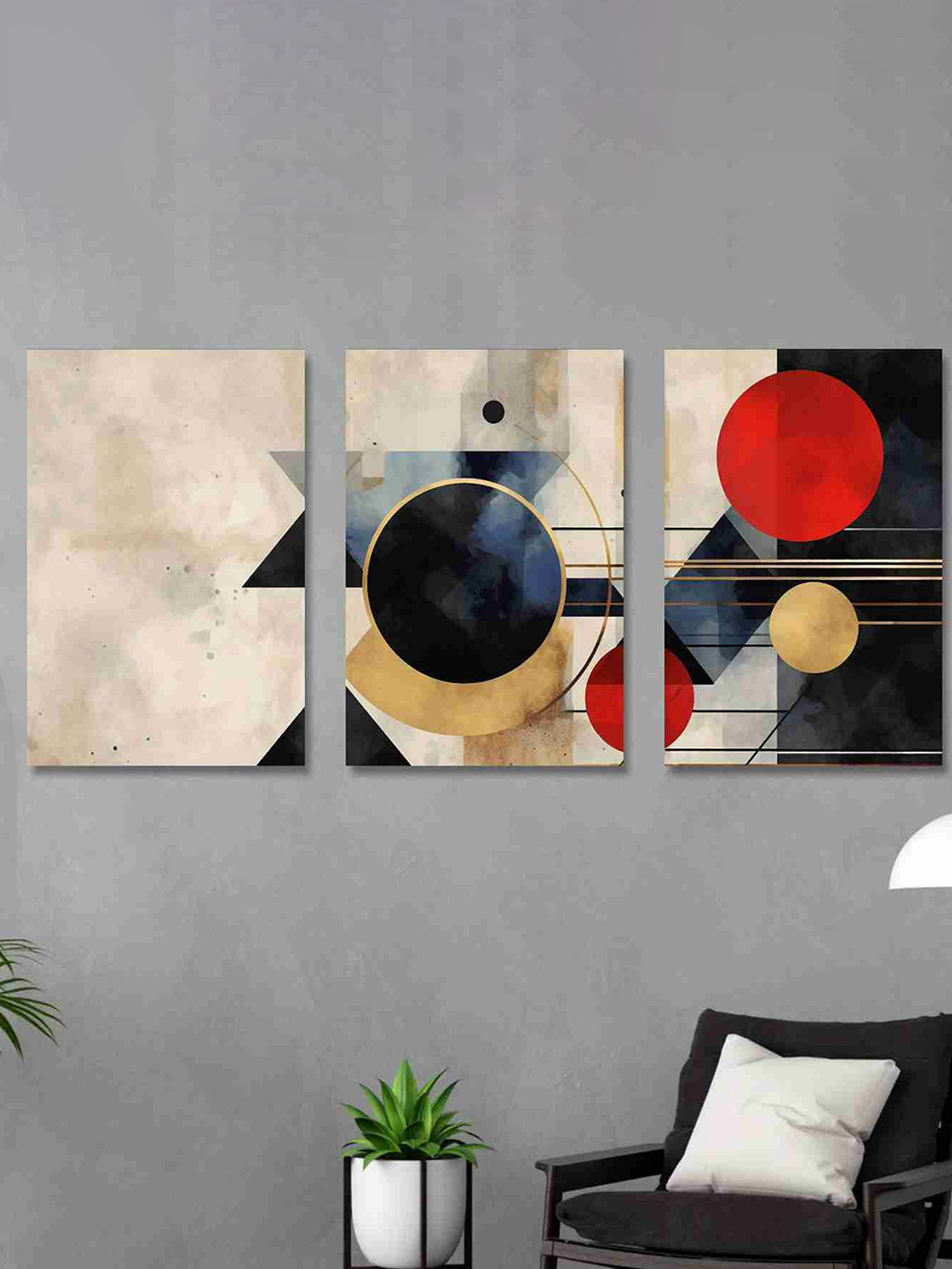 SAF Blue & Red 3 Pieces Abstract Painted Canvas Wall Art