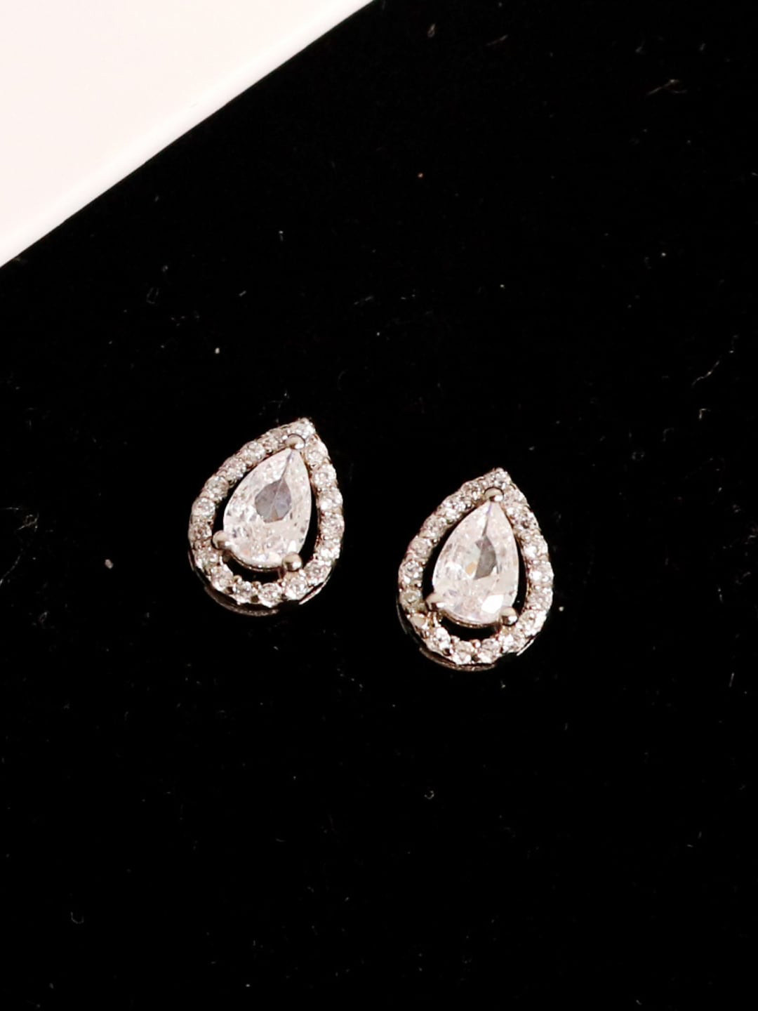 Zarkan Rhodium-Plated Teardrop Shaped AD Studded 925 Sterling Silver Stud Earrings