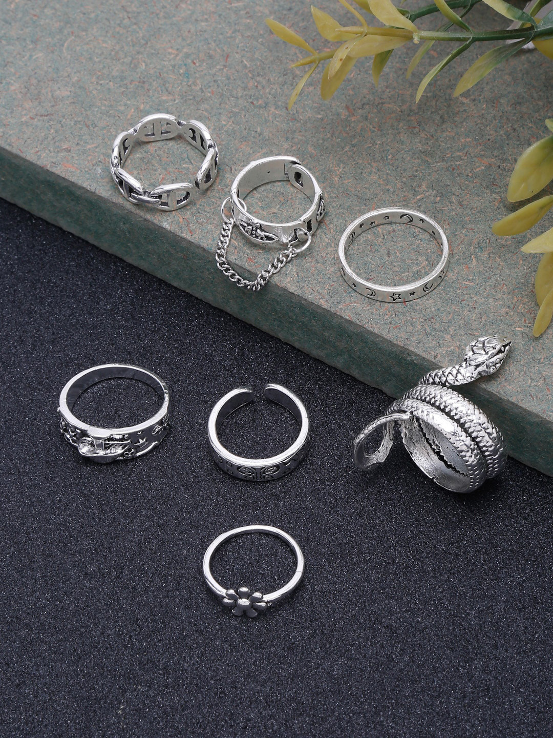 DressBerry Set Of 7 Silver-Plated Oxidised Tribal Afghani Finger Rings