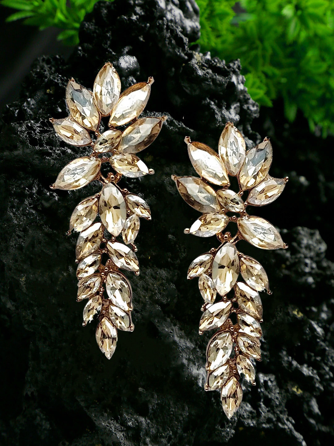 DressBerry Gold-Plated Artificial Stones-Studded Contemporary Drop Earrings