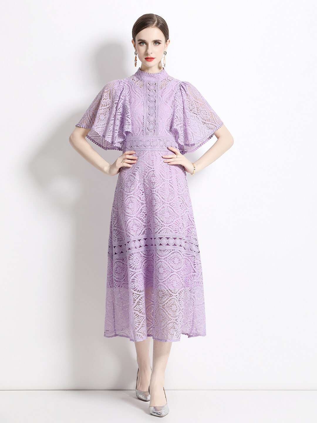 JC Collection Self Design High Neck Flared Sleeve Lace Up A-Line Dress