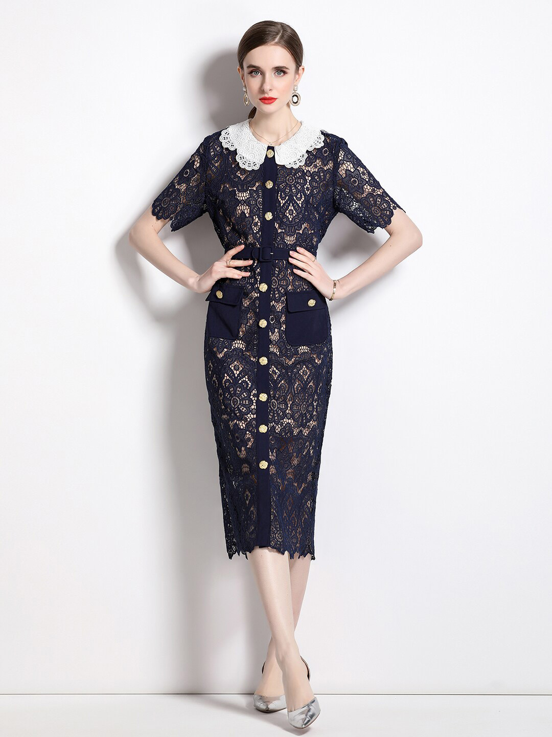 JC Collection Self Design Peter Pan Collar Lace-Up Detail Belted Midi Shirt Dress