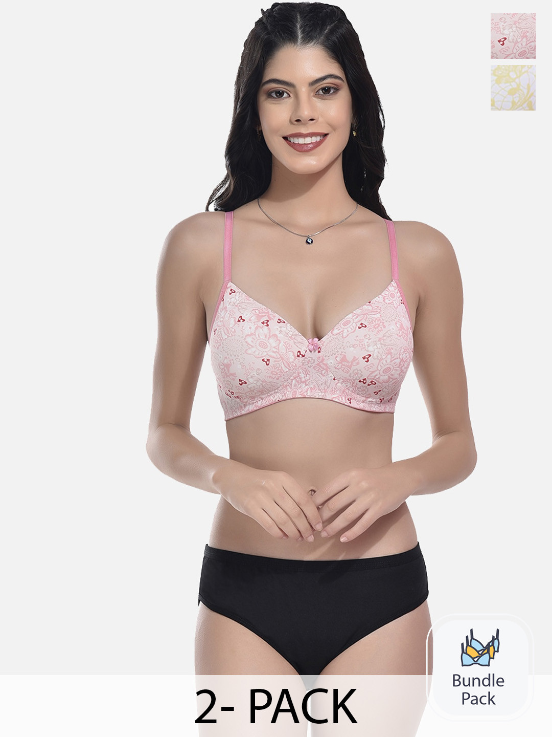 StyFun Pack Of 2 Self Designed Padded Lingerie Set NEW_Set_SLK-Ae_Pink_SLK-Ai_Yellow_B