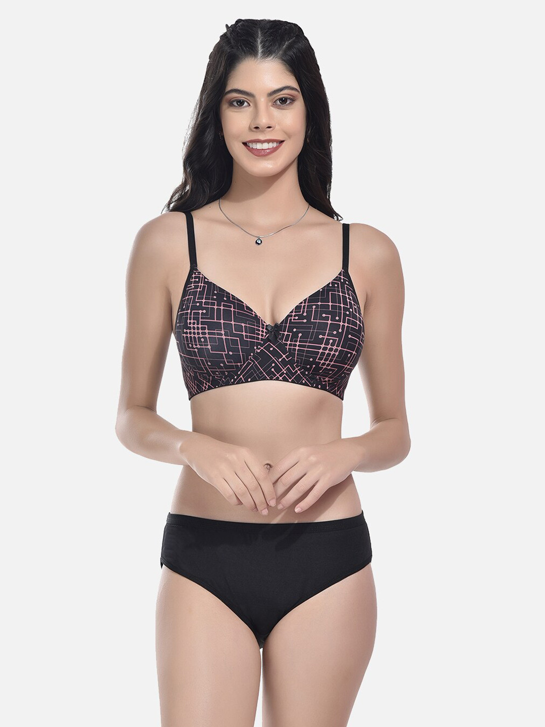 StyFun Self Designed Padded Lingerie Set NEW_SLK-Af_Set_Black_B