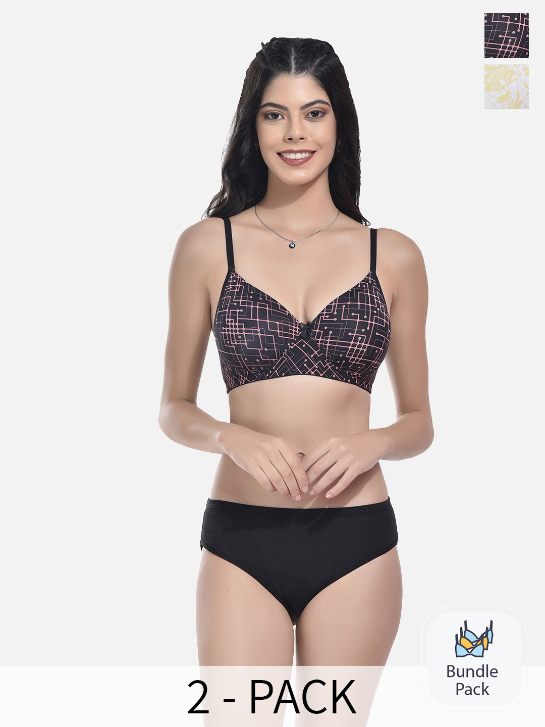 StyFun Pack Of 2 Self Designed Padded Lingerie Set NEW_Set_SLK-Af_Black_SLK-Ai_Yellow_B