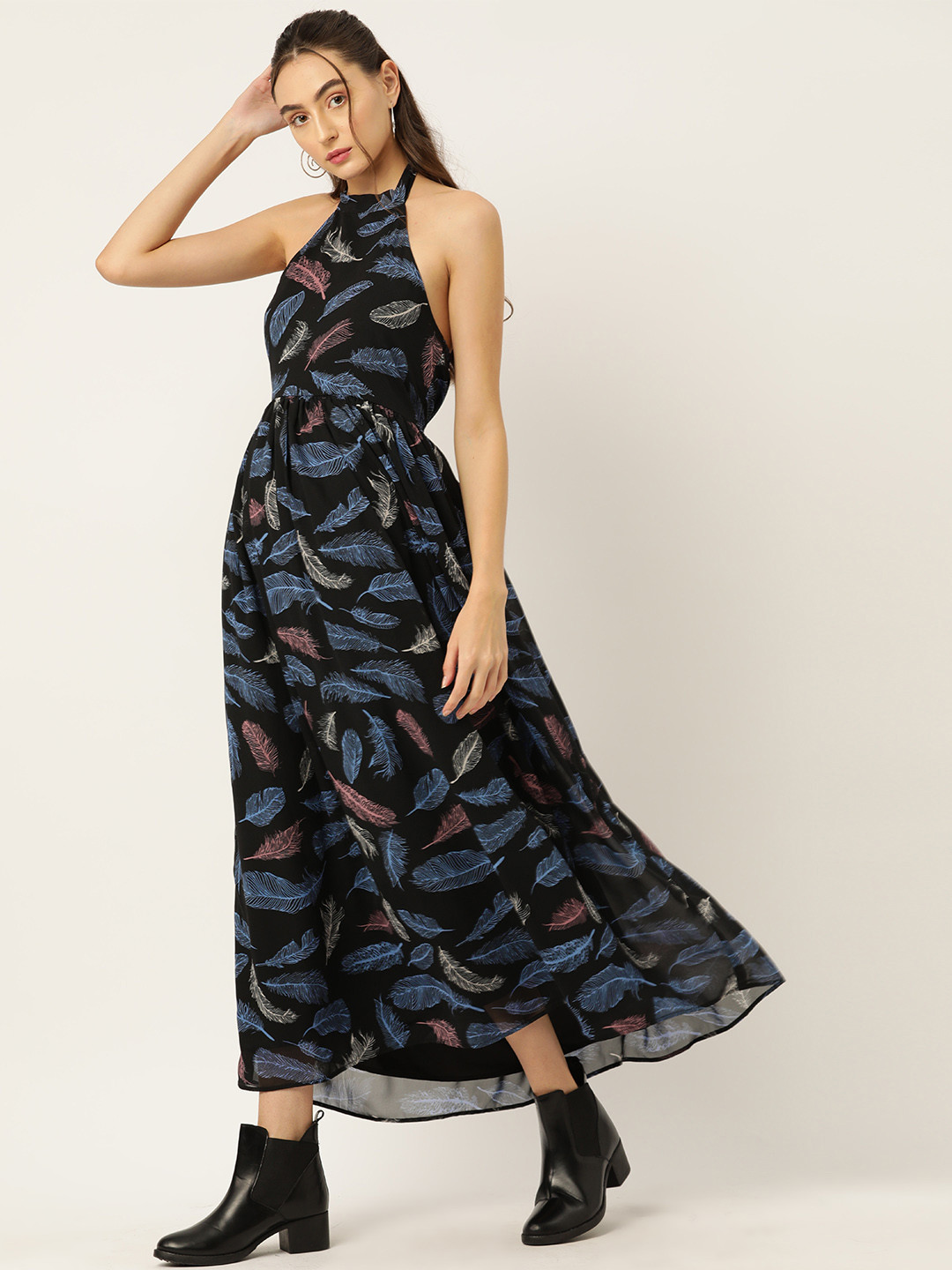 DressBerry Floral Print Halter Neck Georgette Fit & Flare Maxi Dress