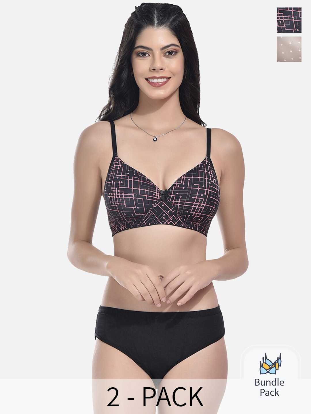 StyFun Pack Of 2 Self Design Padded Lingerie Set NEW_Set_SLK-Af_Black_SLK-Aj_Golden_B