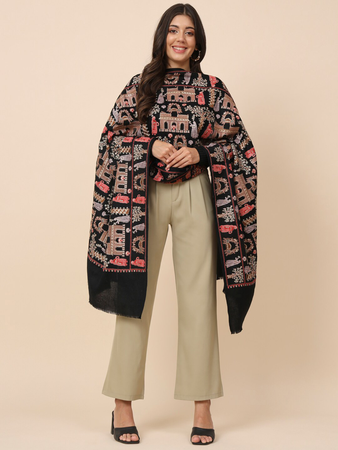 Pashmoda Ethnic Motifs Embroidered Pure Wool Shawl
