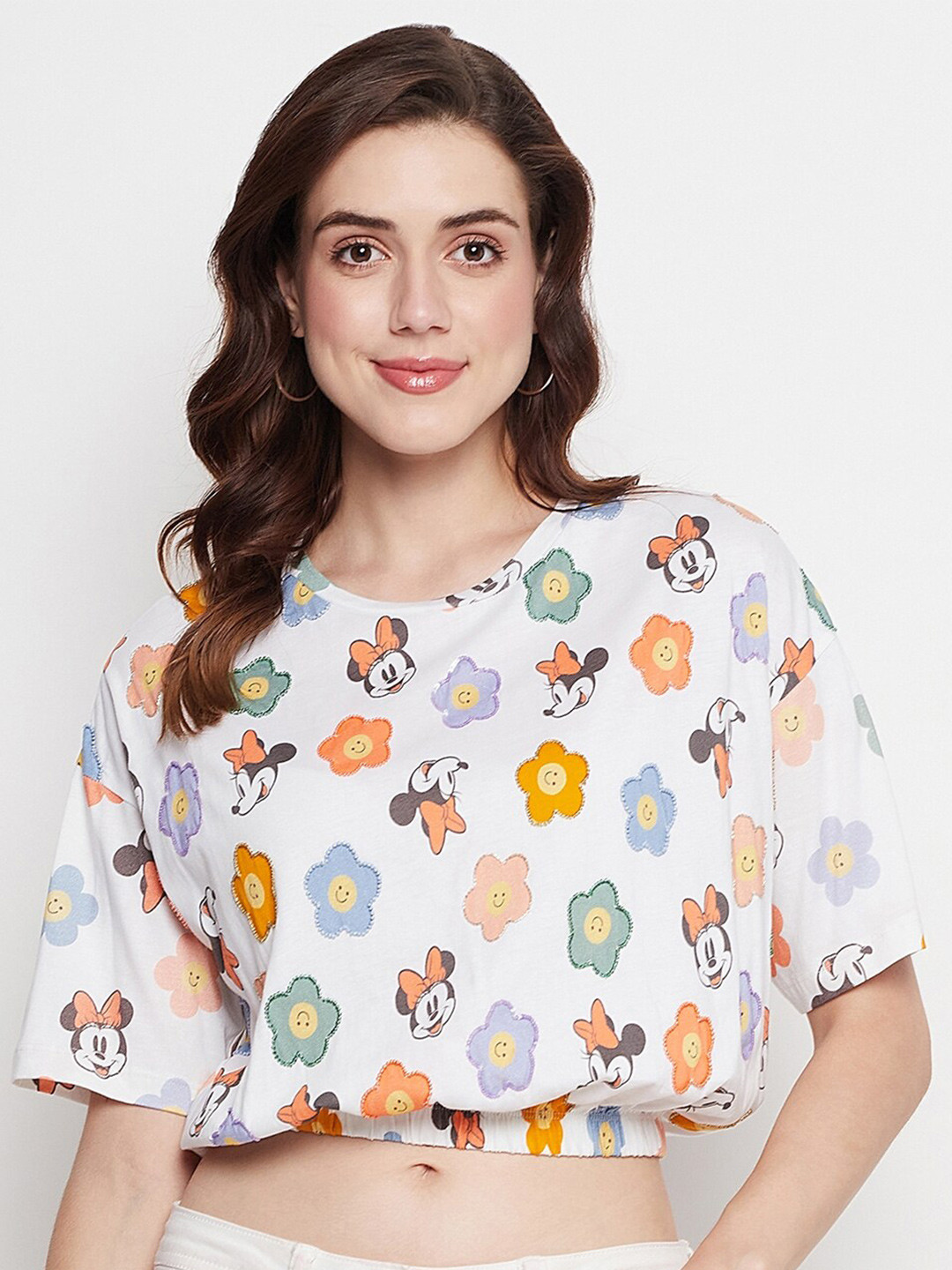 CAMLA Minnie Mouse Printed Drop Shoulder Sleeves Blouson Crop Cotton Top