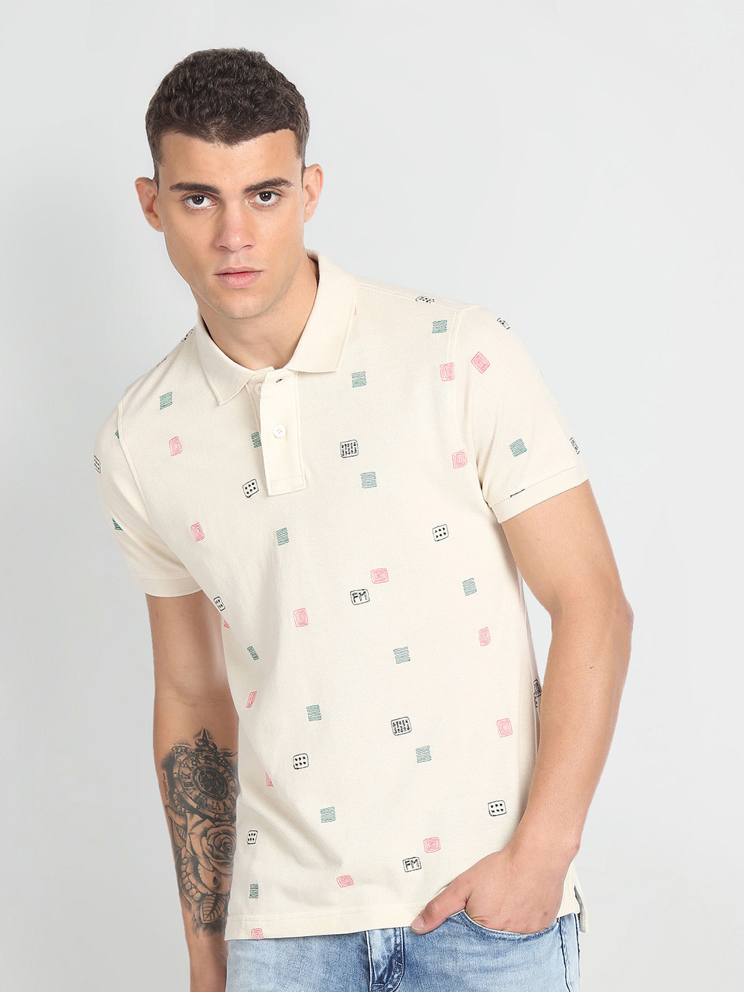 Flying Machine Geometric Embroidered Polo Collar Pure Cotton T-shirt