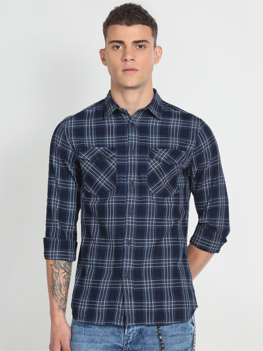 Flying Machine Dual Pocket Tartan Checked Slim Fit Pure Cotton Casual Shirt
