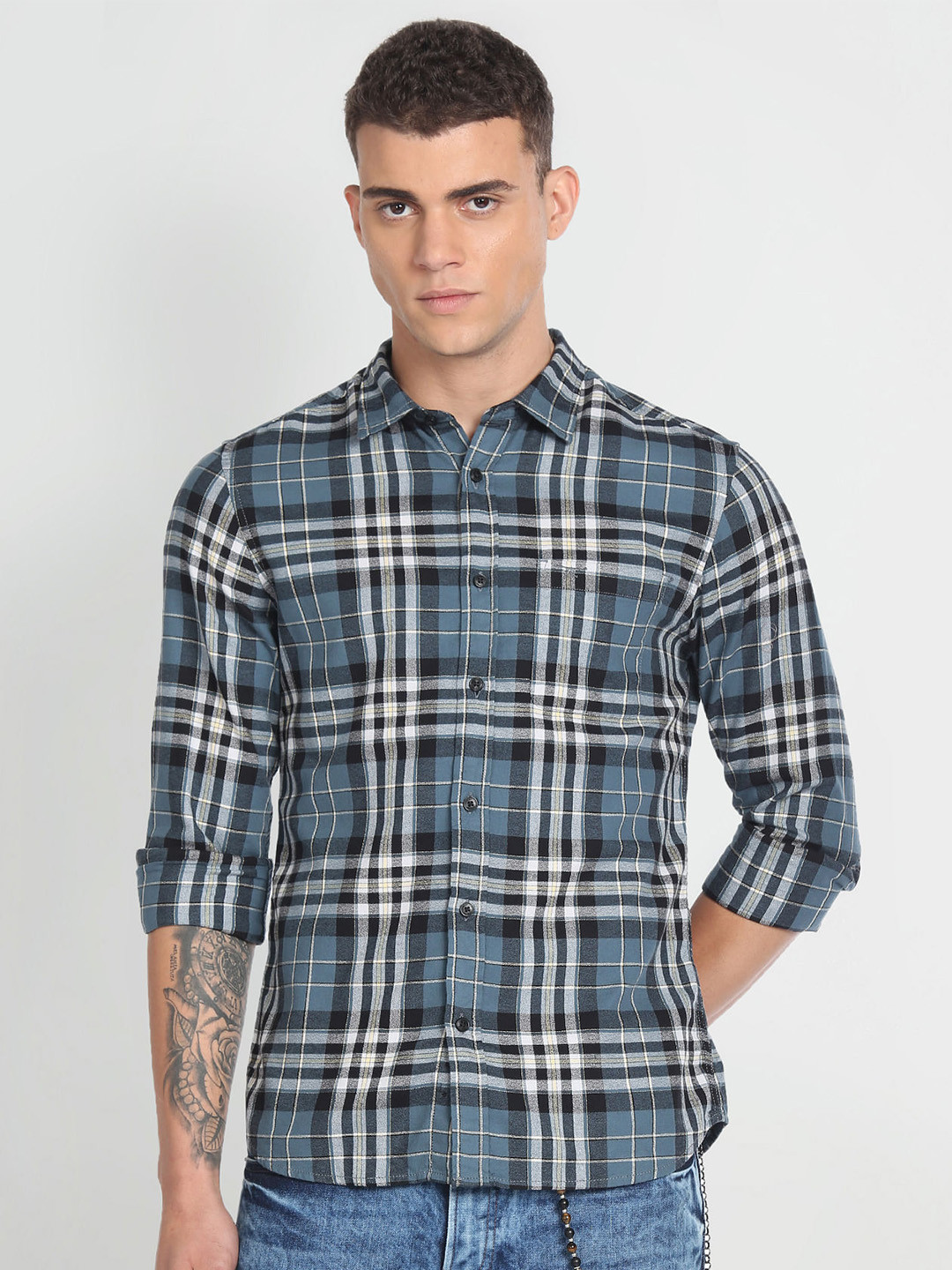 Flying Machine Men Slim Fit Tartan Checked Pure Cotton Casual Shirt