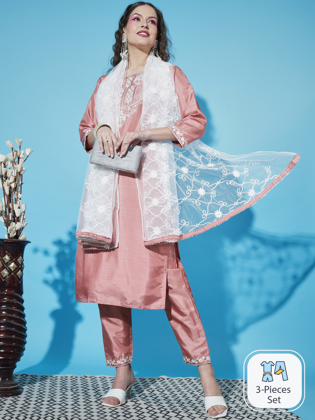 PPTOSS Floral Embroidered Sequined Yoke Straight Kurta & Trousers With Dupatta