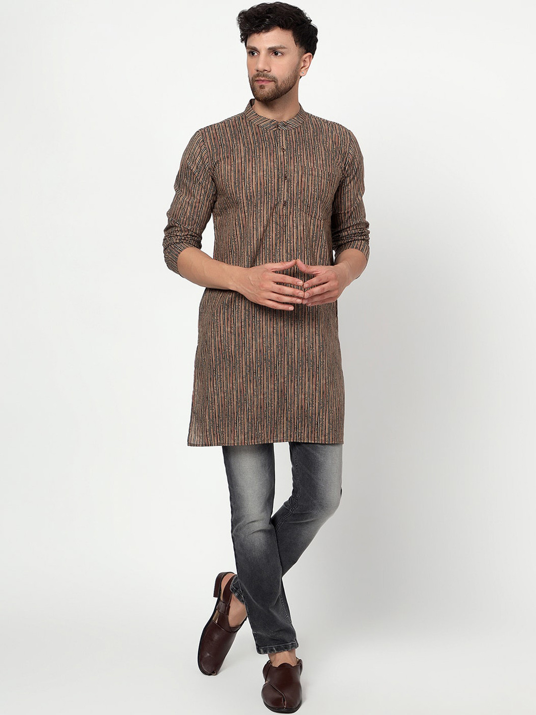 Spring Soul Striped Band Collar Cotton Straight Kurta