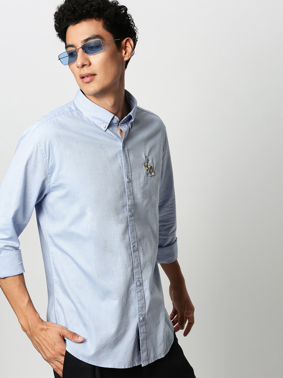 SHOWOFFFF Premium Embroidered Button Down Collar Oxford Cotton Slim Fit Casual Shirt