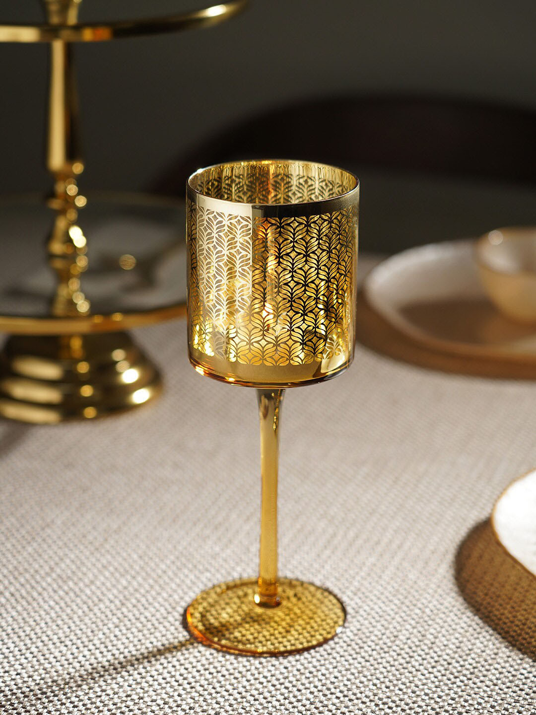 Pure Home and Living Golden Patterned Glass Candle Holder