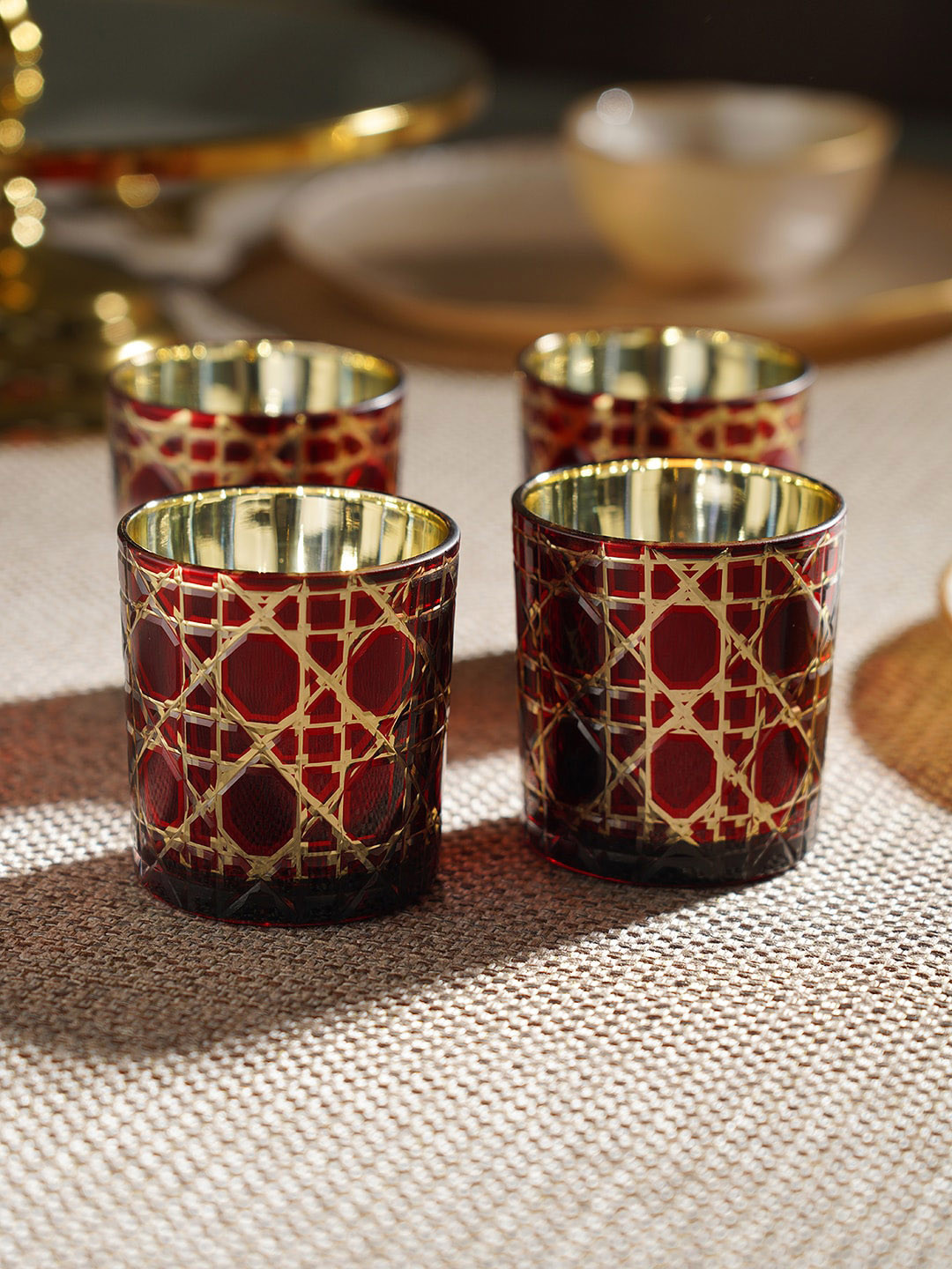 Pure Home and Living Red & Gold Toned 4 Pieces Cut Patterned Glass Candle Holders