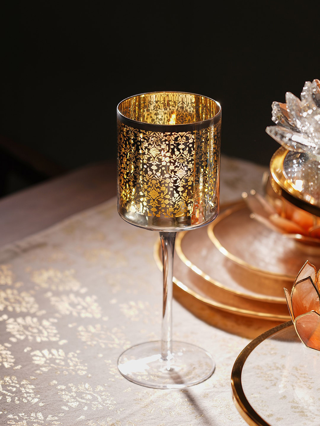 Pure Home and Living Silver Toned Patterned Glass Stem Candle Holder