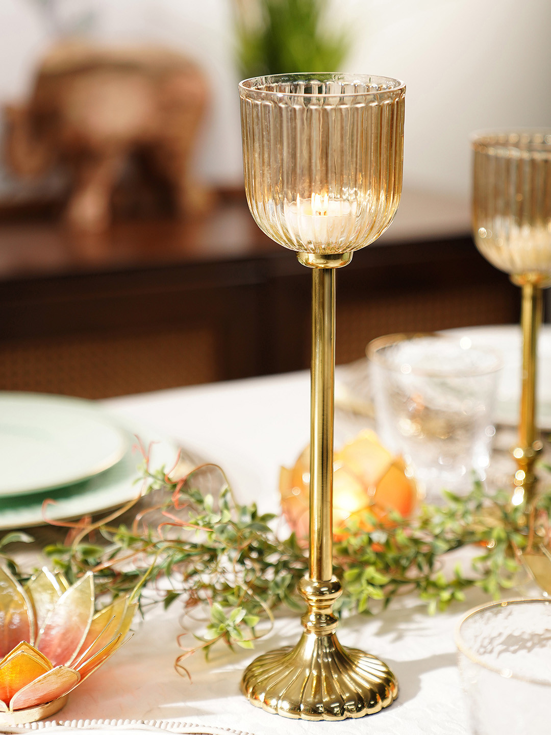 Pure Home and Living Brown & Golden Ribbed Glass Tall Hurricane Candle Holder wit Stand